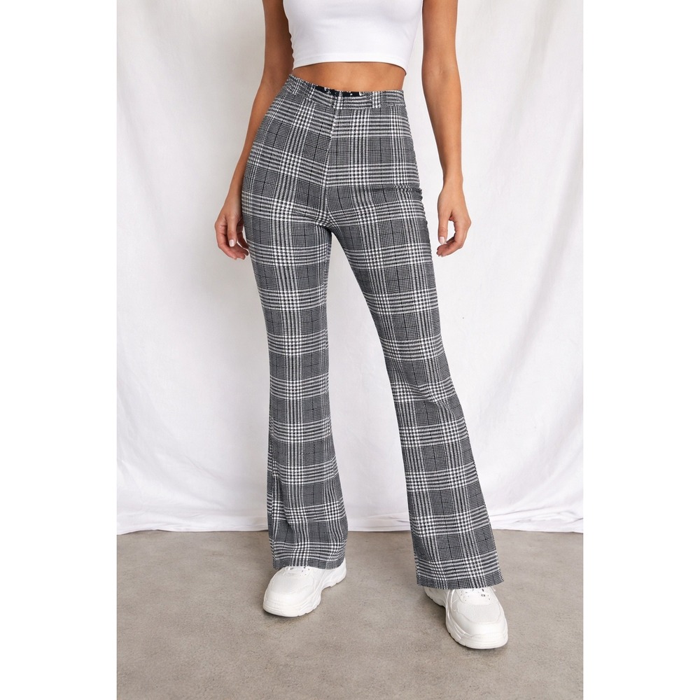 Tinseltown Womens Black White Glen Plaid High Waisted Flare Pants Size 7
